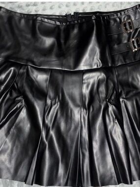 Black Faux Leather Pleated Skirt with Buckle Accents, Women's Size M